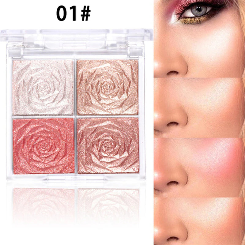 Four-Color Highlighter Contour Palette Illuminator Makeup 3D Bronzer Matte Contour Powder Rose Blush Highgloss Palette Cosmetics